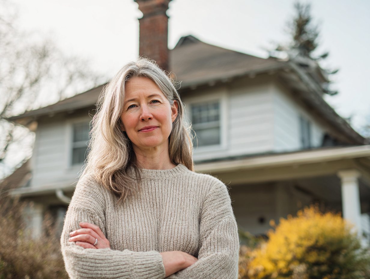 Laura standing in front of her two-story home with a visible chimney, smiling confidently
