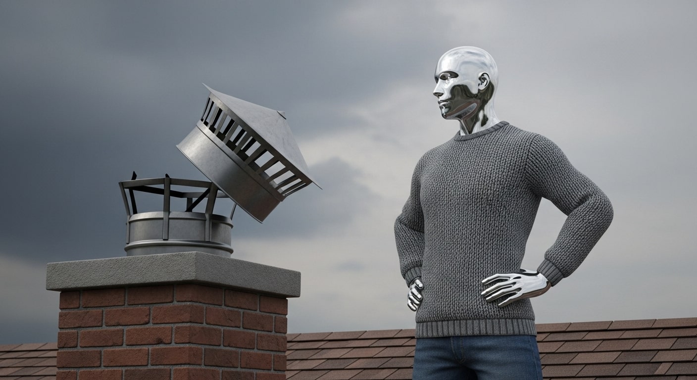 Replace Damaged Chimney Cap | Storm-Proof Caps For Sale Damaged standard chimney cap blown off roof by high winds after storm - upgrade to wind resistant cap