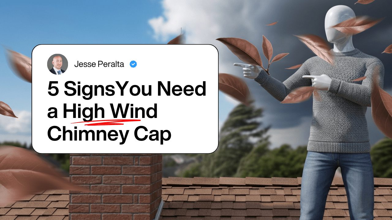 High wind chimney cap installed on residential roof with wind vane protecting home from storm damage