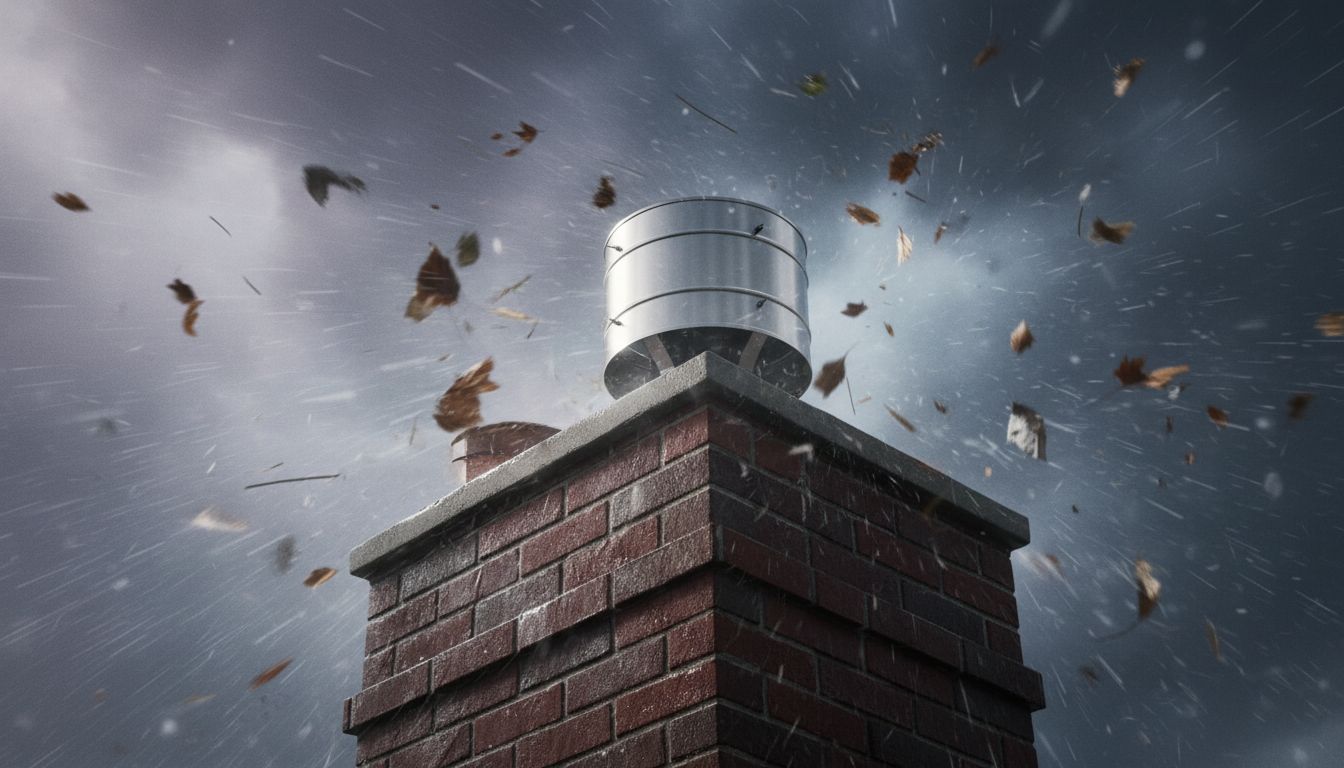 Chimcare stainless steel chimney cap remaining secure on brick chimney during extreme wind conditions with flying debris and leaves in motion blur