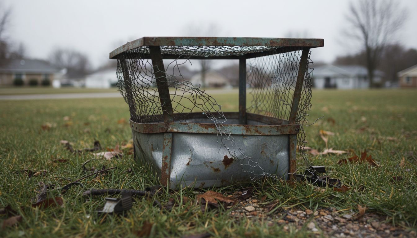 Rusted and damaged cheap chimney cap lying in grass after storm with torn mesh screening and corrosion showing failure of low-quality caps