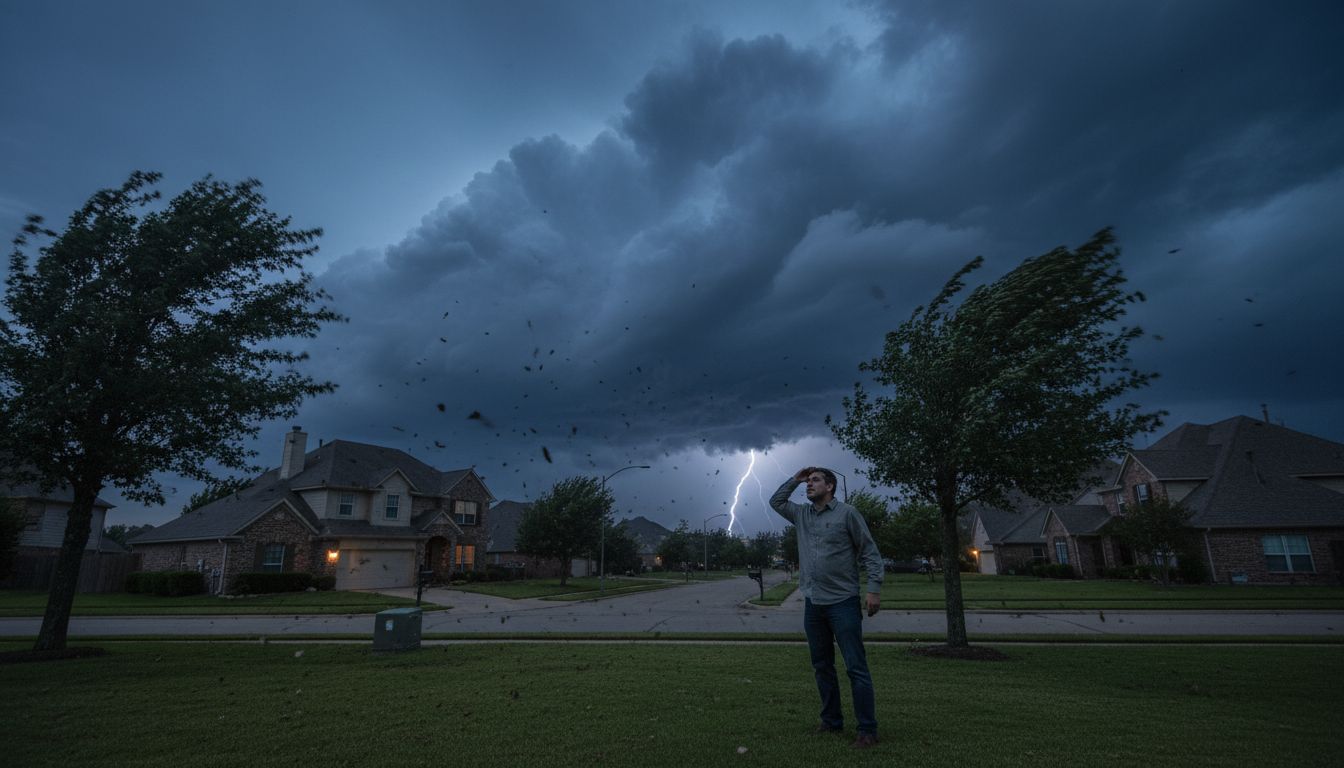 Homeowner standing in yard looking at dark threatening storm clouds approaching suburban neighborhood with lightning in distance