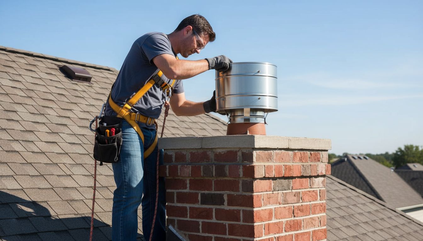 Professional installer wearing safety harness securing Chimcare stainless steel chimney cap on brick chimney with proper tools and equipment