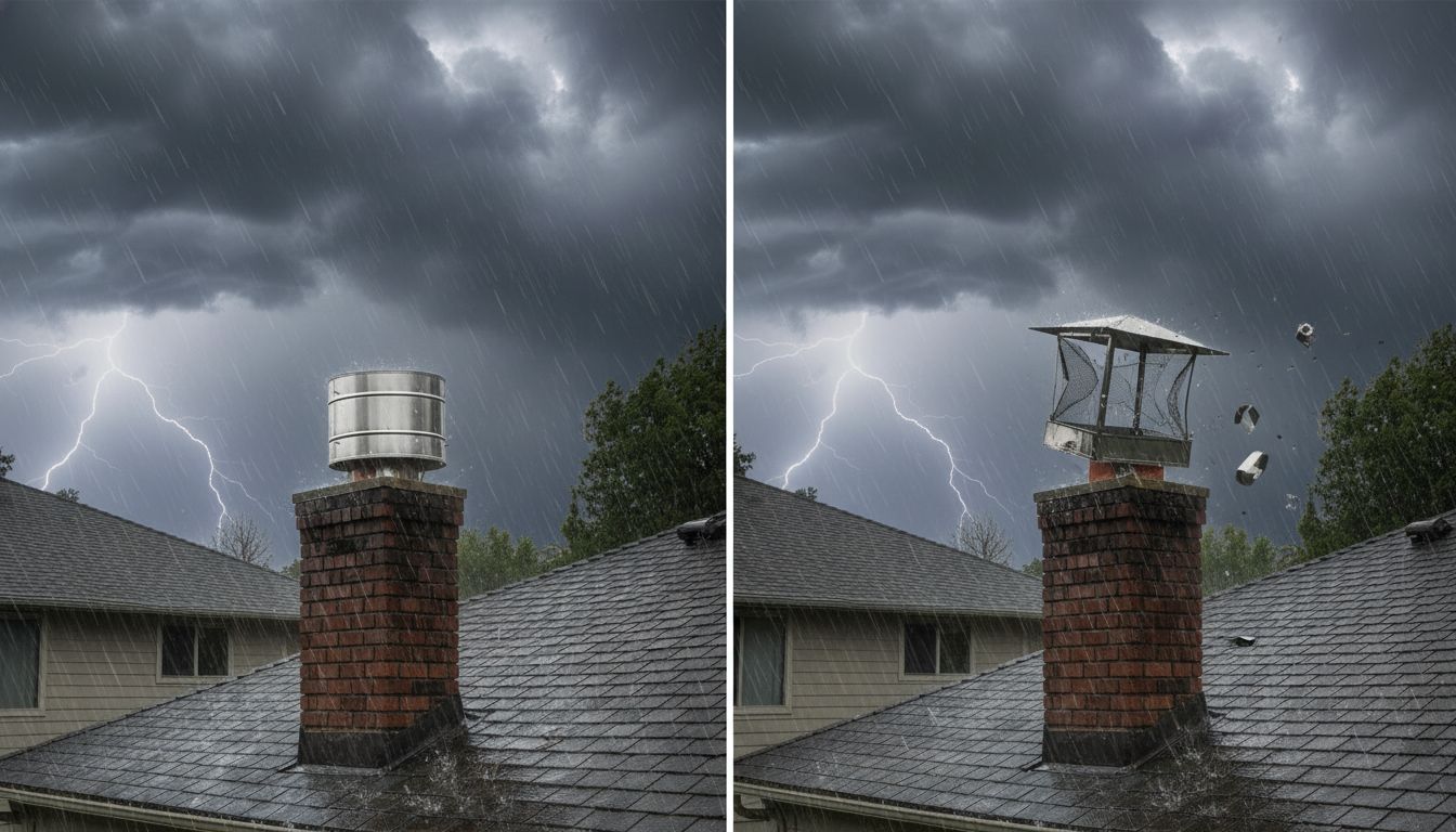 Side-by-side comparison showing a Chimcare wind-resistant chimney cap standing firm during a severe storm with lightning on the left, versus a damaged standard cap being torn apart by the same storm on the right