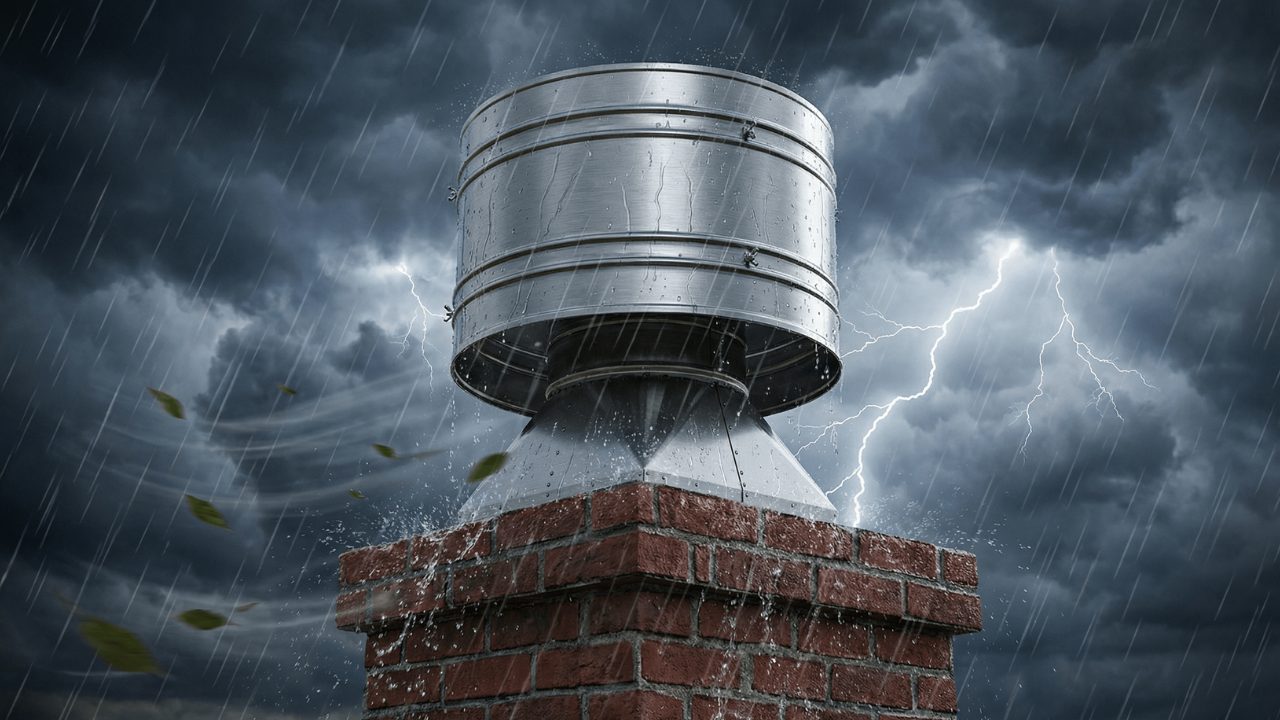 Hurricane chimney cap installed on brick chimney providing storm and wind protection