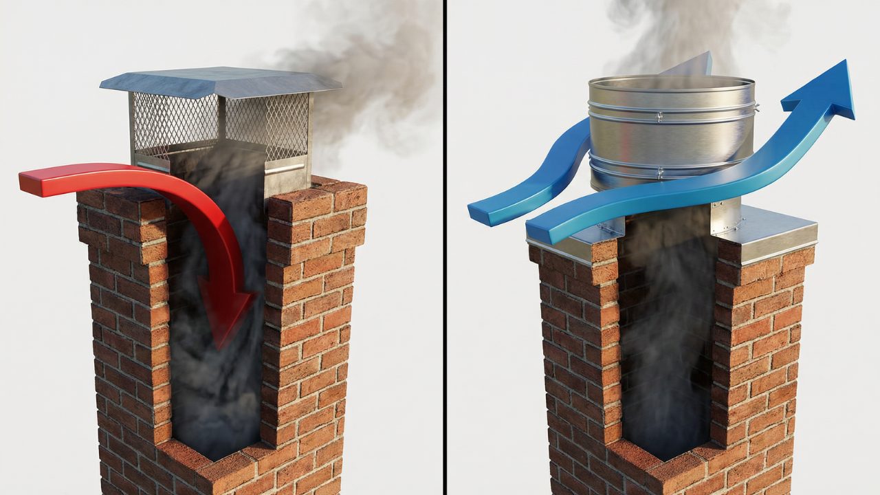 Comparison showing how hurricane wind chimney cap prevents downdrafts compared to standard mesh cap