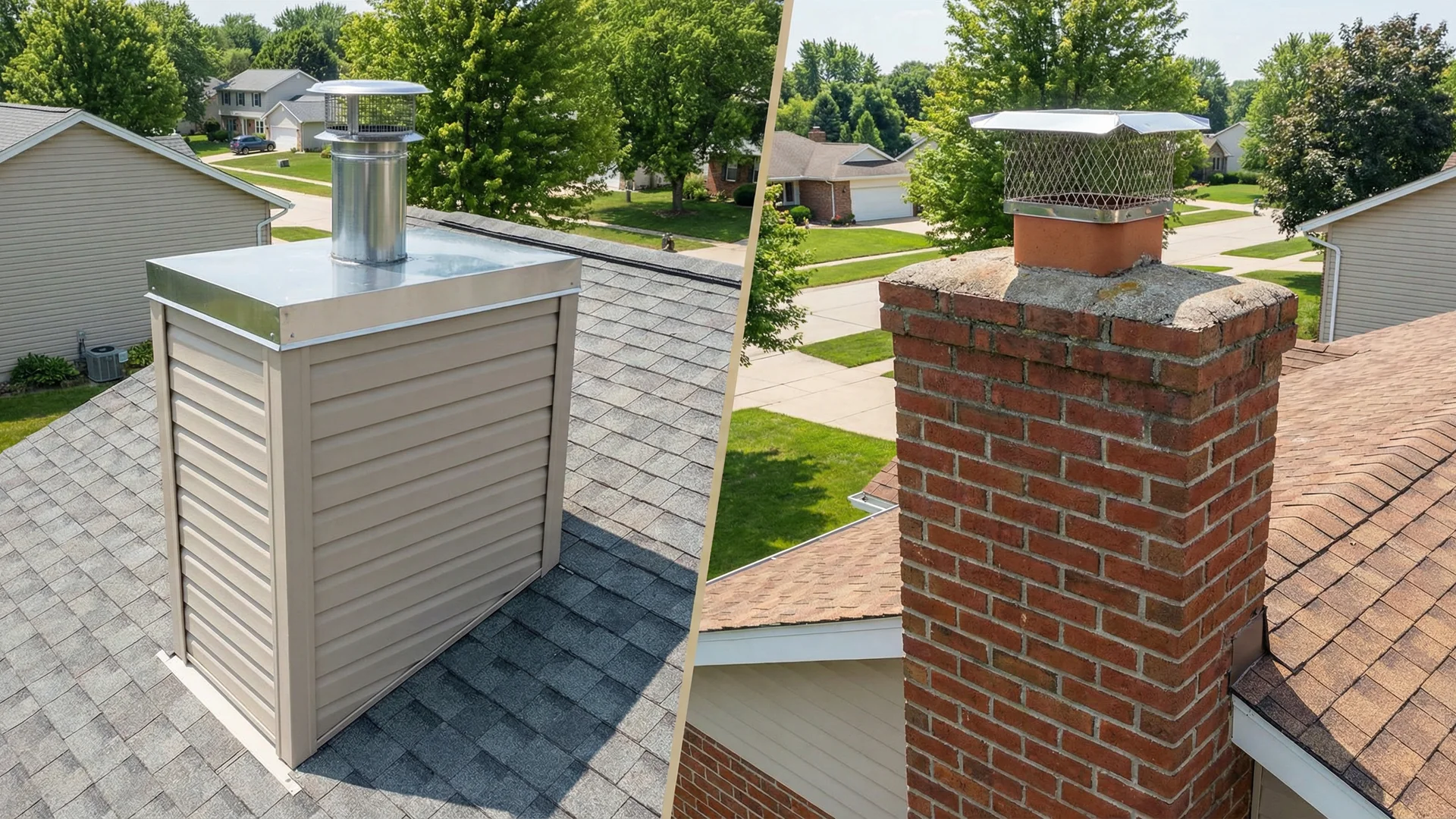 Side-by-side comparison of a chimney chase cover on a prefab chimney and a chimney cap on a masonry chimneyShows: Split-screen layout. Left side shows a prefabricated chimney chase (wood/vinyl sided, boxy shape) with a metal chase cover on top. Right side shows a traditional brick masonry chimney with a standard chimney cap on top. Clean background, bright daylight, residential setting. Ample space above and below for text.