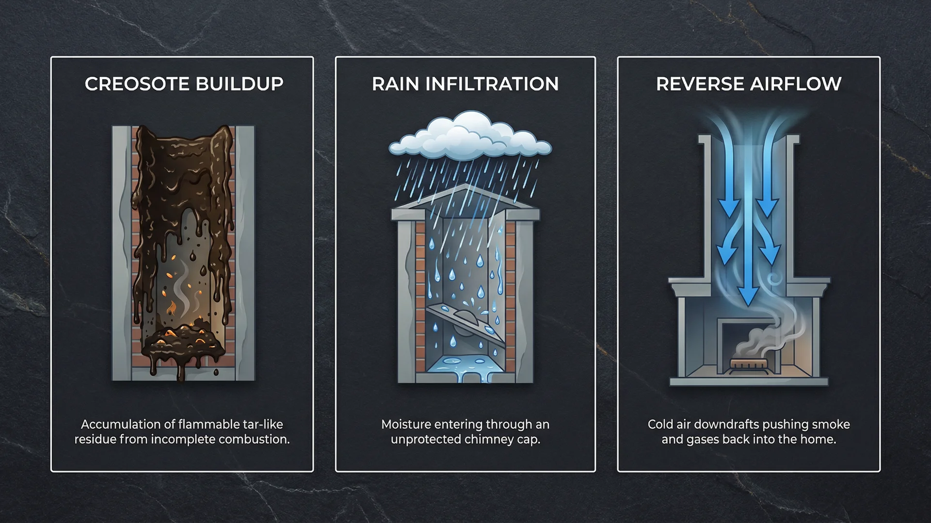 Infographic showing three causes of summer chimney odor: creosote, moisture, and reverse draft Infographic showing three causes of summer chimney odor: creosote, moisture, and reverse draft