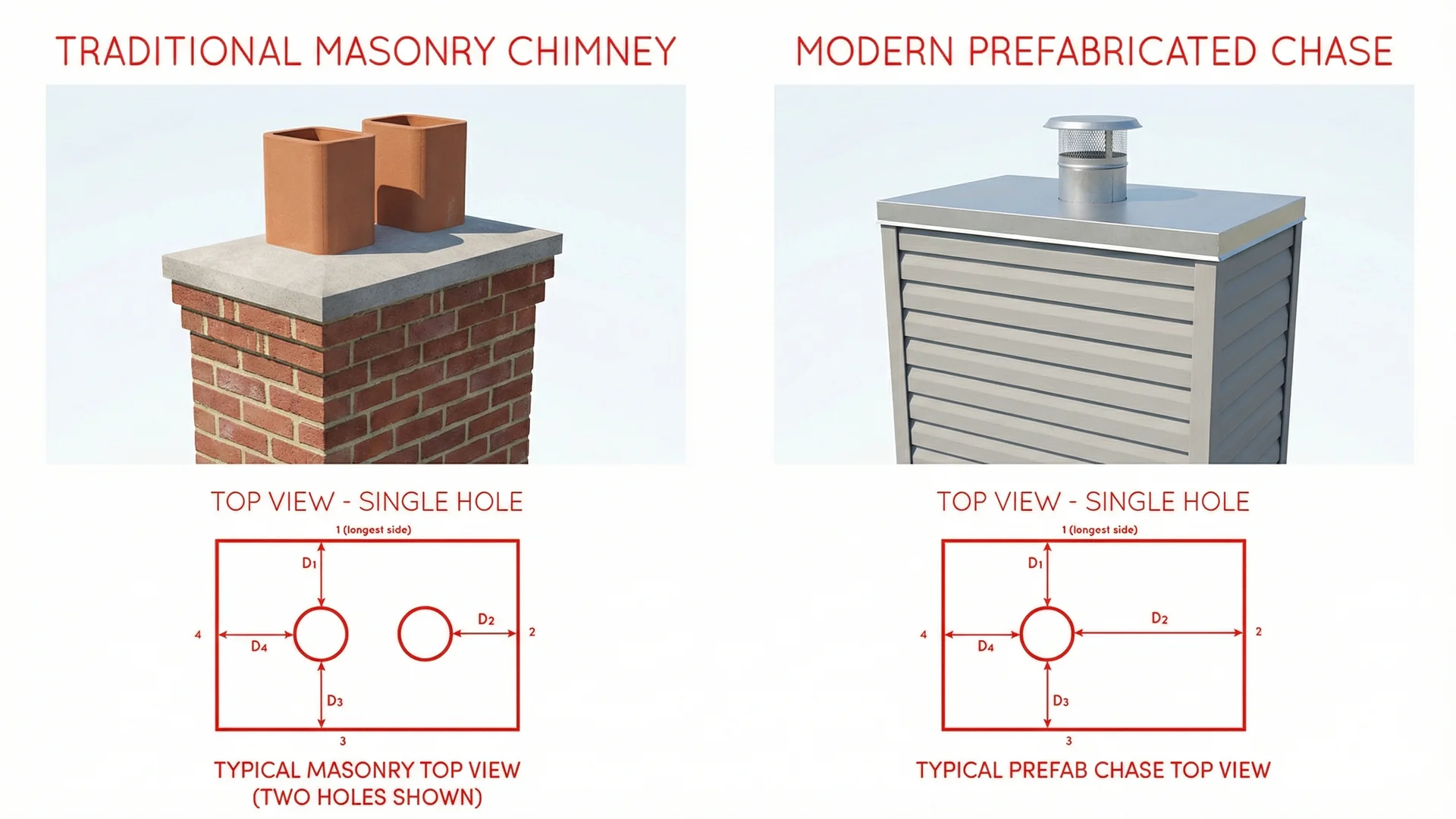 Visual guide showing how to identify masonry chimneys versus prefabricated chimney chases Visual guide showing how to identify masonry chimneys versus prefabricated chimney chases