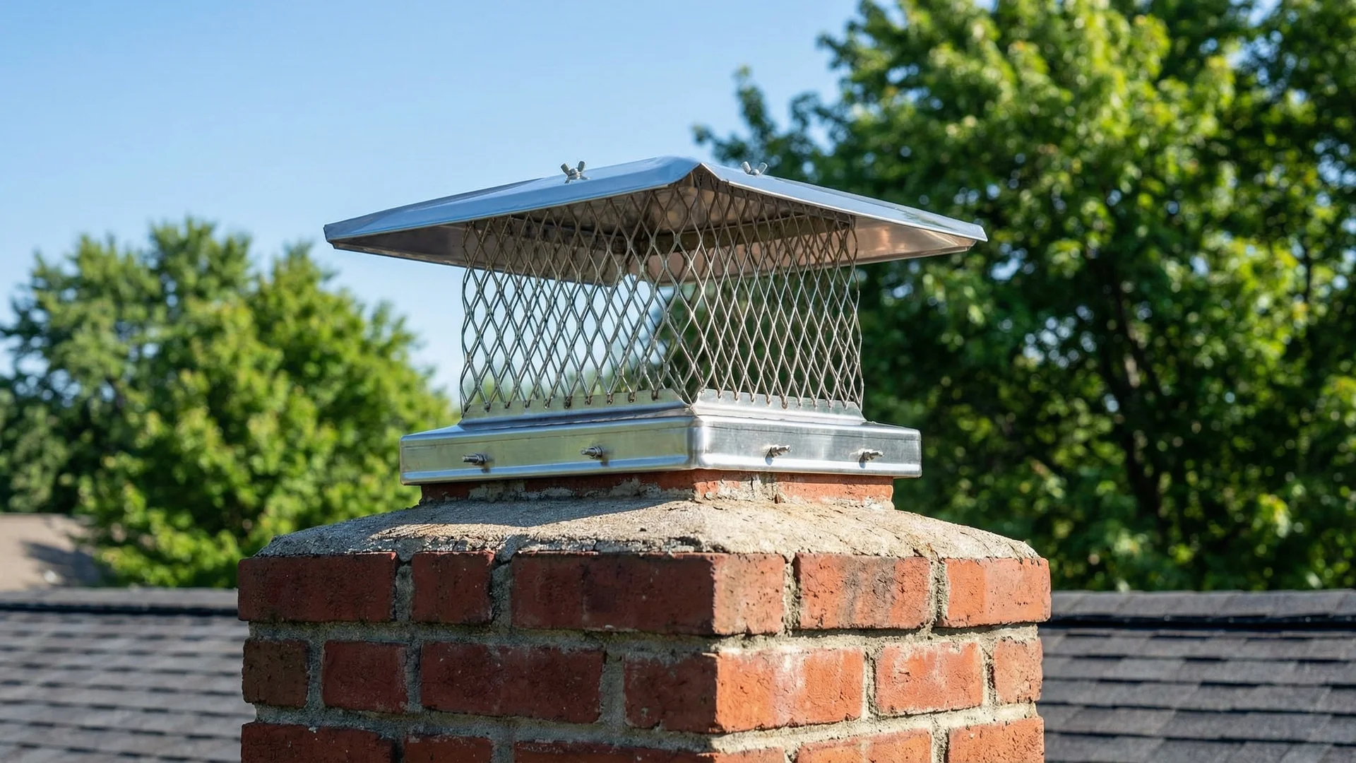 Stainless steel chimney cap with mesh screen installed on brick chimney protecting against rain and animals Stainless steel chimney cap with mesh screen installed on brick chimney protecting against rain and animals