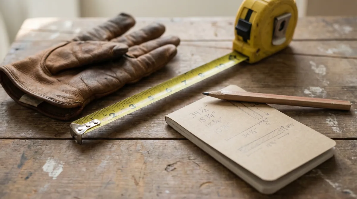 Tape measure, work gloves, and pencil laid out for 10 chimney cap round installation