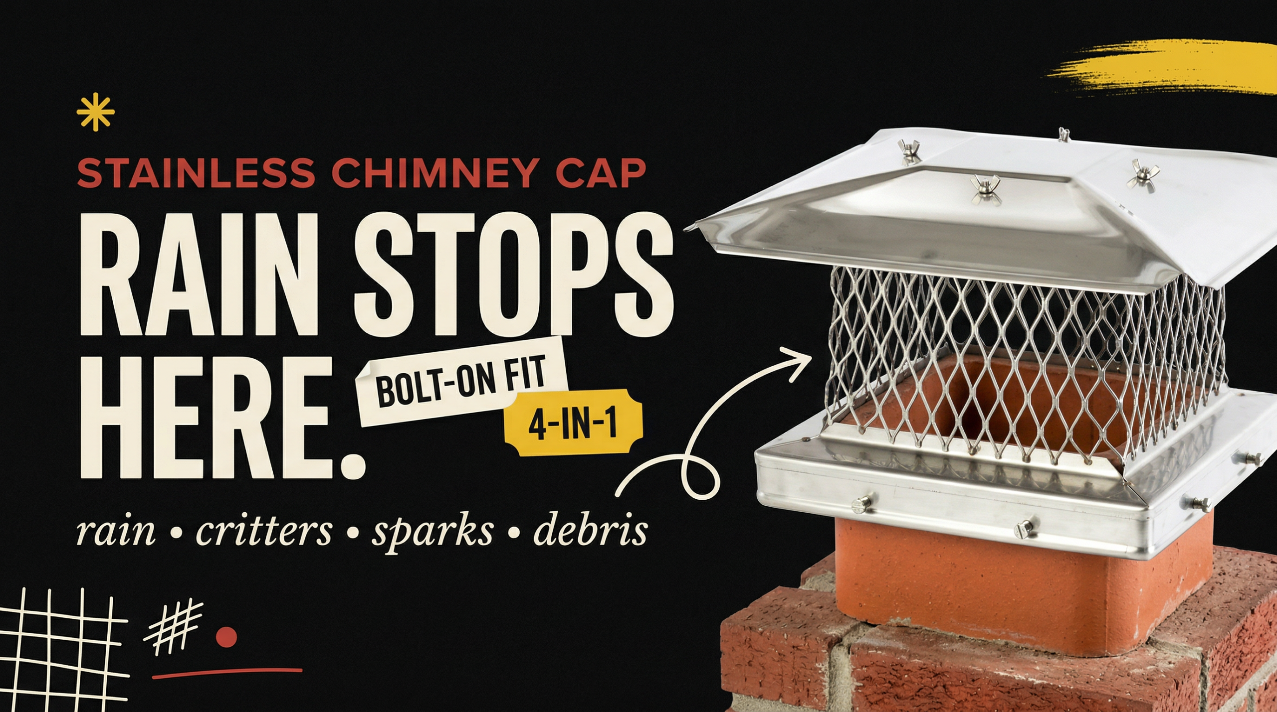 Chimcare Stainless Steel Chimney Cap - Bolt-On Fit 4-in-1 - Rain Stops Here - Blocks rain, critters, sparks, and debris