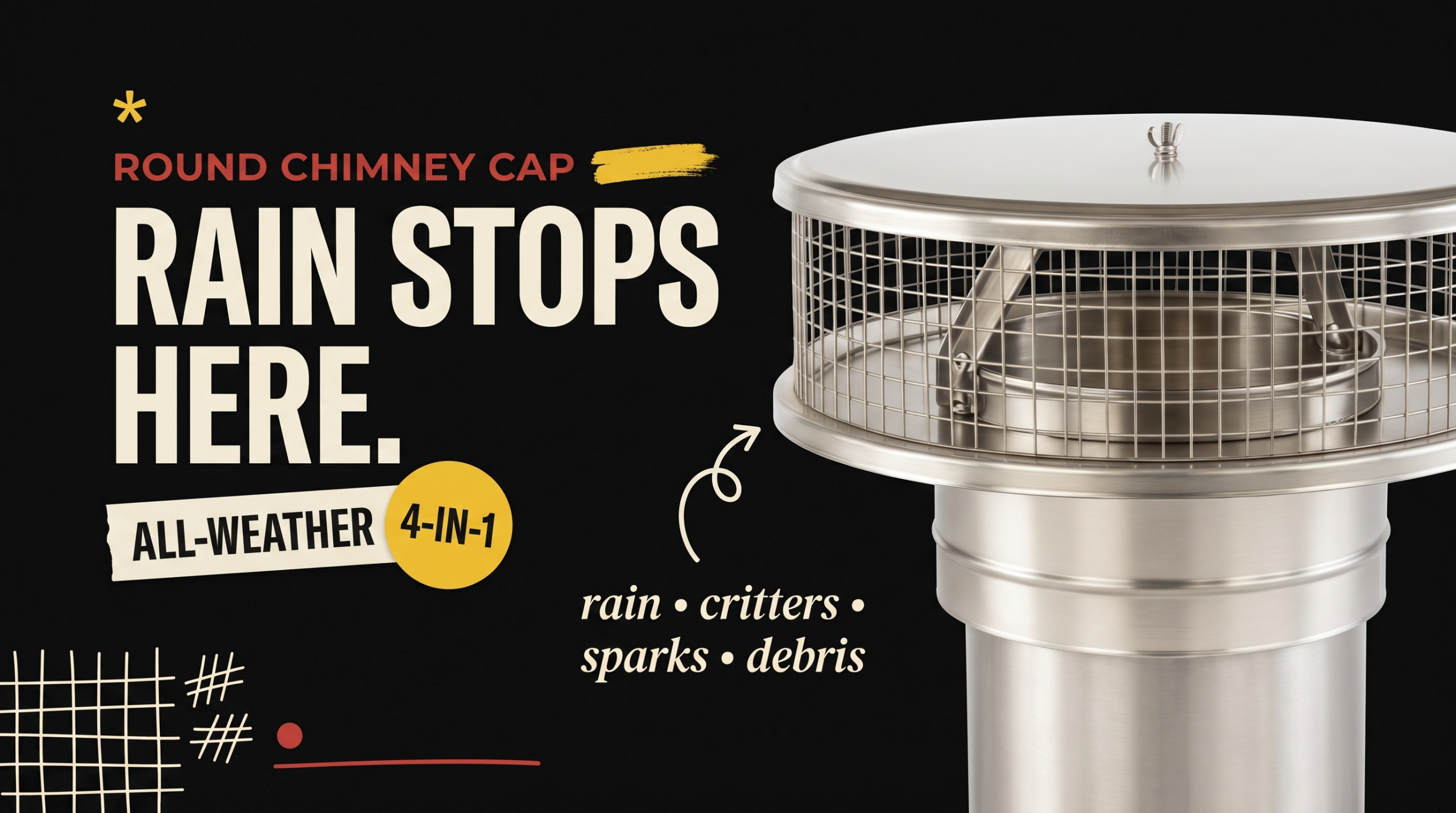 Chimcare Round Chimney Cap - All-Weather 4-in-1 - Rain Stops Here - Blocks rain, critters, sparks, and debris