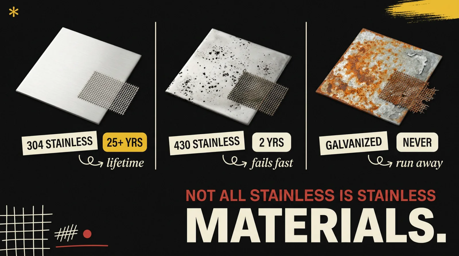 304 Stainless Steel with mesh 25+ years lifetime vs 430 Stainless 2 years vs Galvanized steel - Not All Stainless Is Stainless