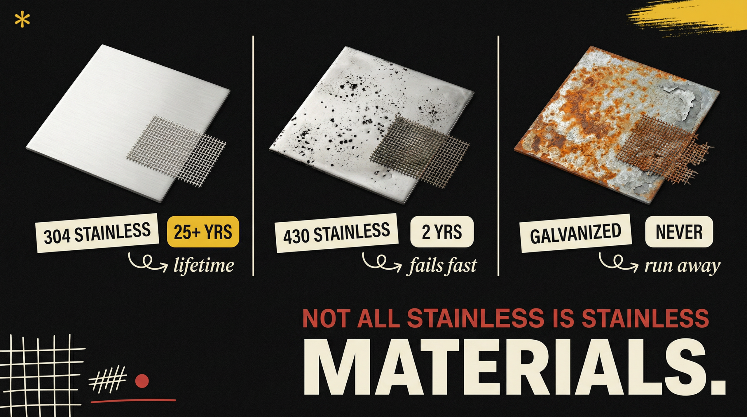 304 Stainless Steel with mesh 25+ years lifetime vs 430 Stainless 2 years vs Galvanized steel - Not All Stainless Is Stainless