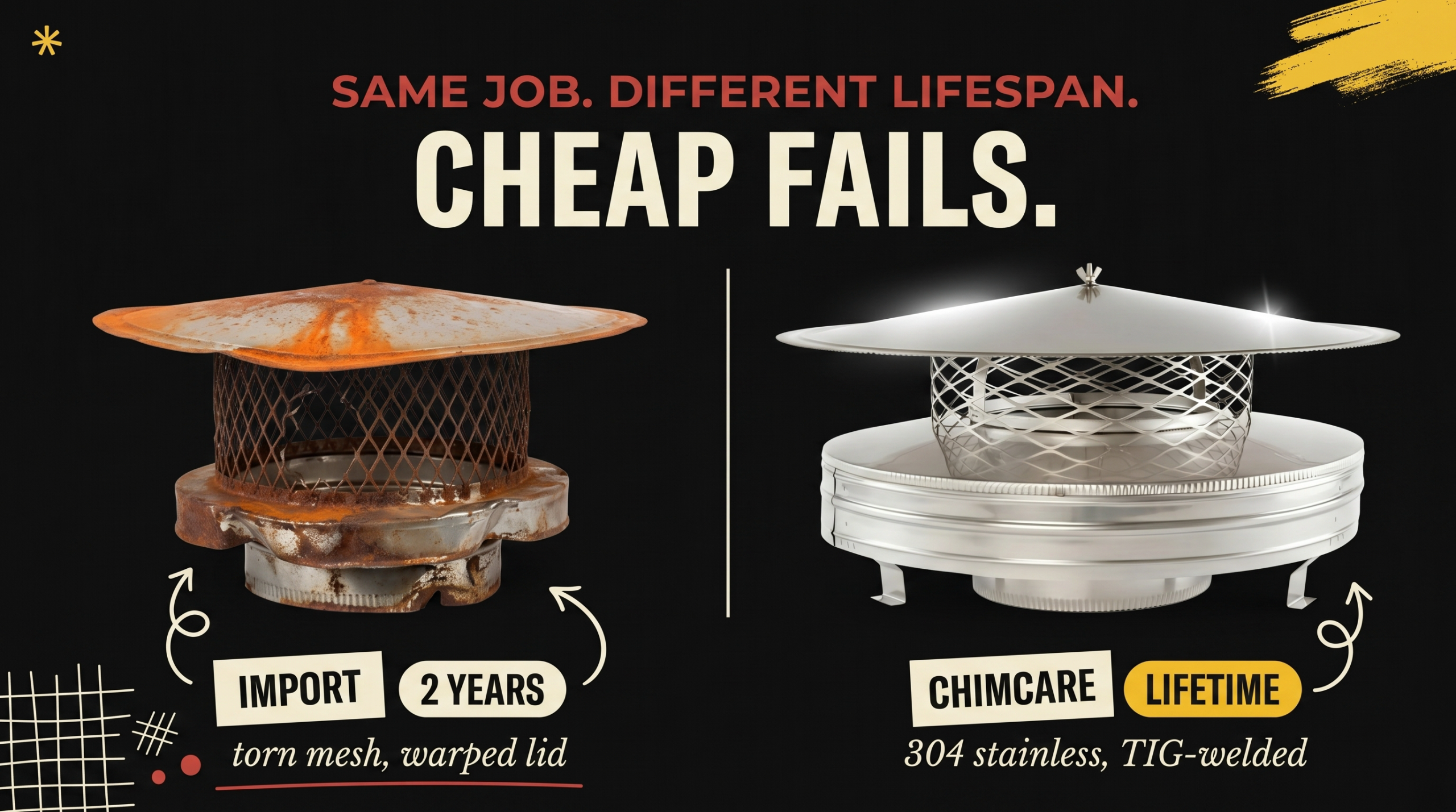 Import chimney cap with torn mesh and warped lid after 2 years vs Chimcare lifetime 304 stainless steel TIG-welded round air-cooled cap - Same Job Different Lifespan