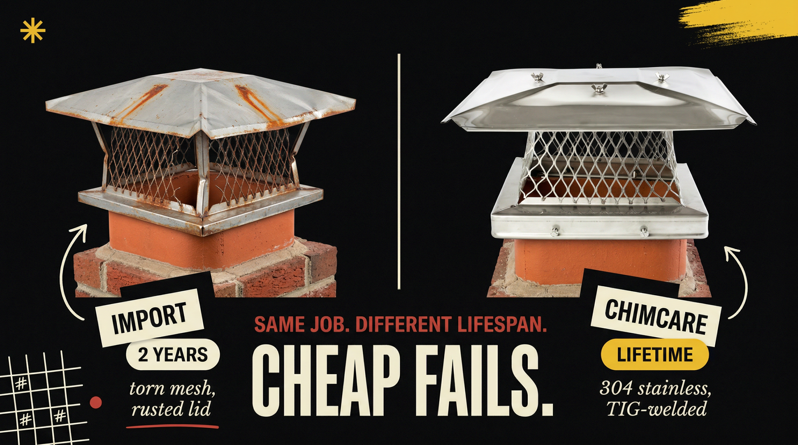 Import chimney cap with torn mesh and rusted lid after 2 years vs Chimcare lifetime 304 stainless steel TIG-welded cap - Same Job Different Lifespan