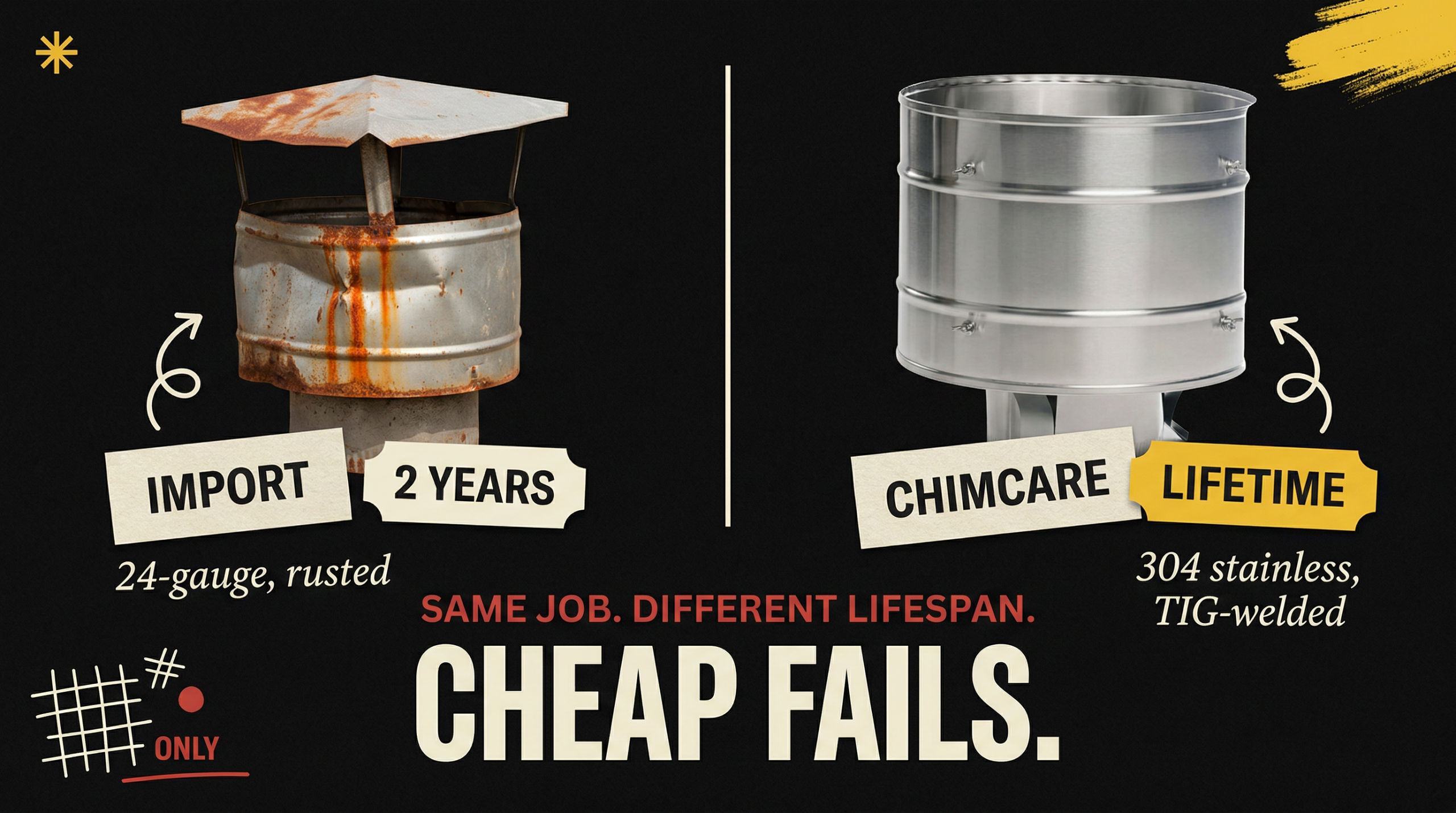 Import chimney cap rusted after 2 years vs Chimcare lifetime 304 stainless steel TIG-welded cap - Same Job Different Lifespan