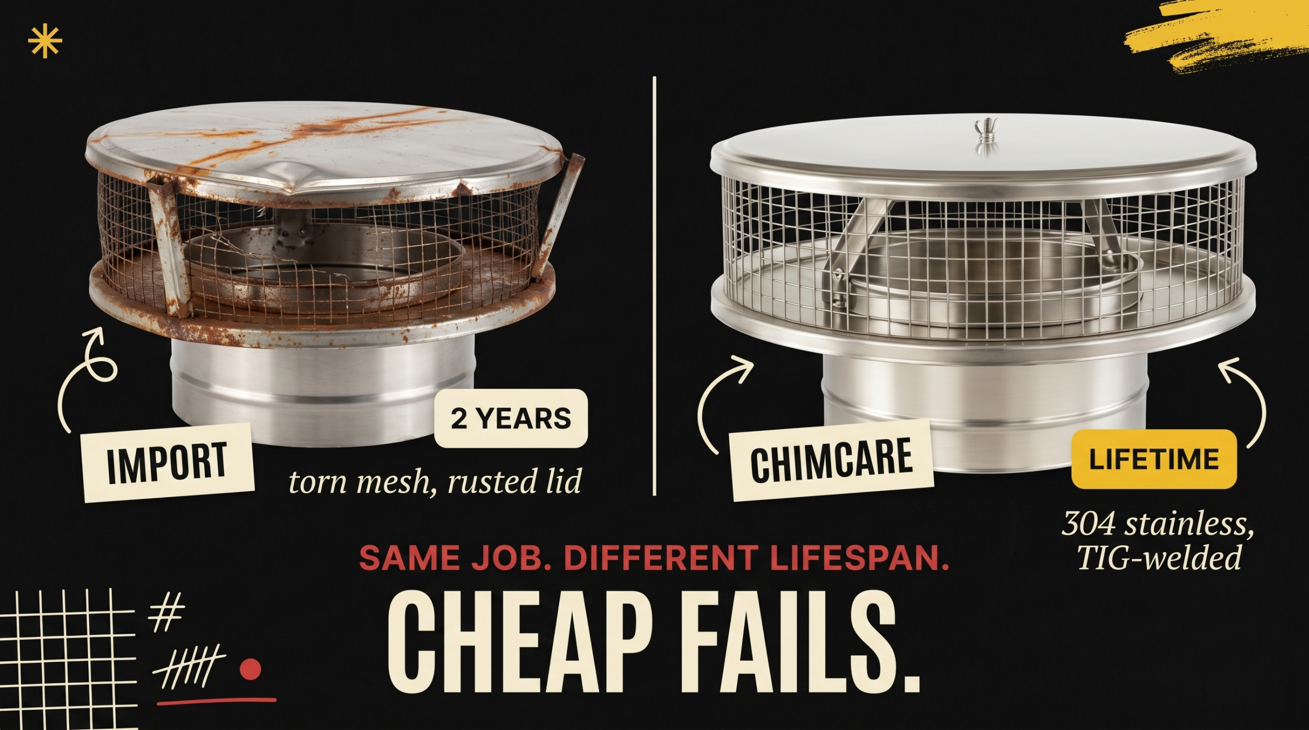 Import chimney cap with torn mesh and rusted lid after 2 years vs Chimcare lifetime 304 stainless steel TIG-welded round cap - Same Job Different Lifespan