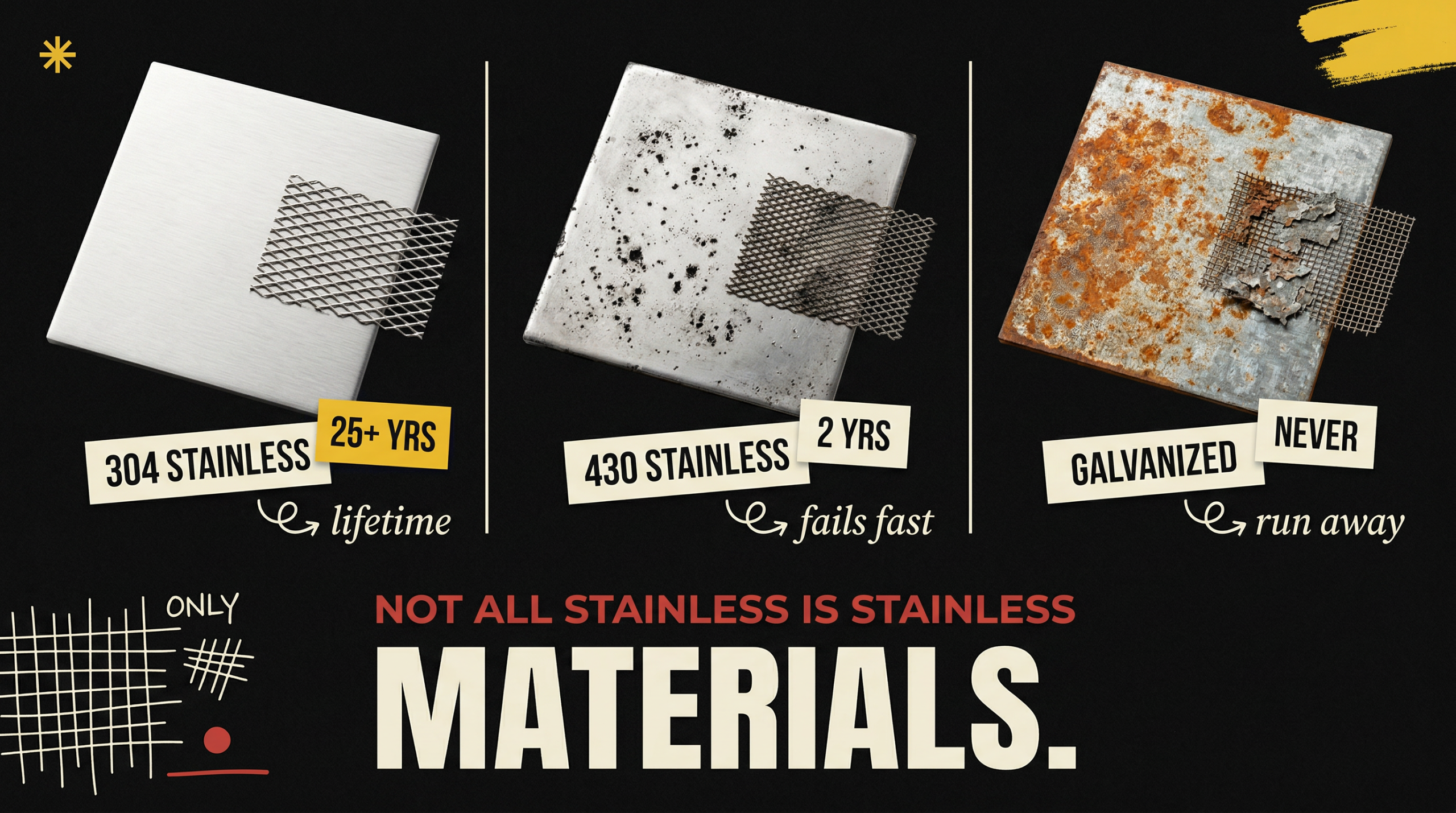 304 Stainless Steel with mesh 25+ years lifetime vs 430 Stainless 2 years vs Galvanized steel - Not All Stainless Is Stainless