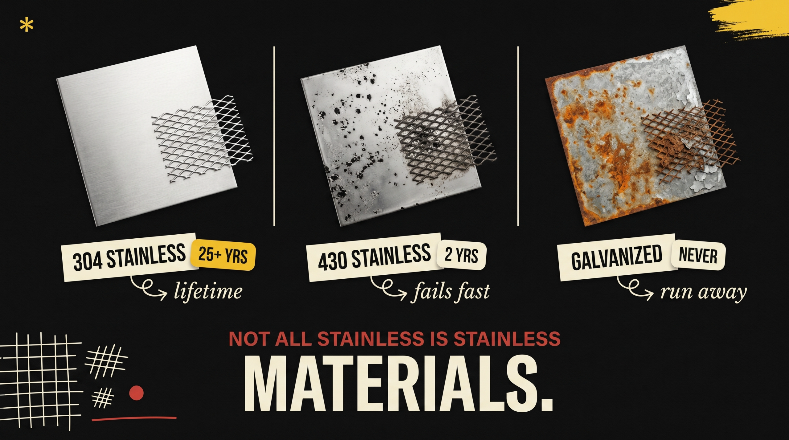 304 Stainless Steel with mesh 25+ years lifetime vs 430 Stainless 2 years vs Galvanized steel - Not All Stainless Is Stainless