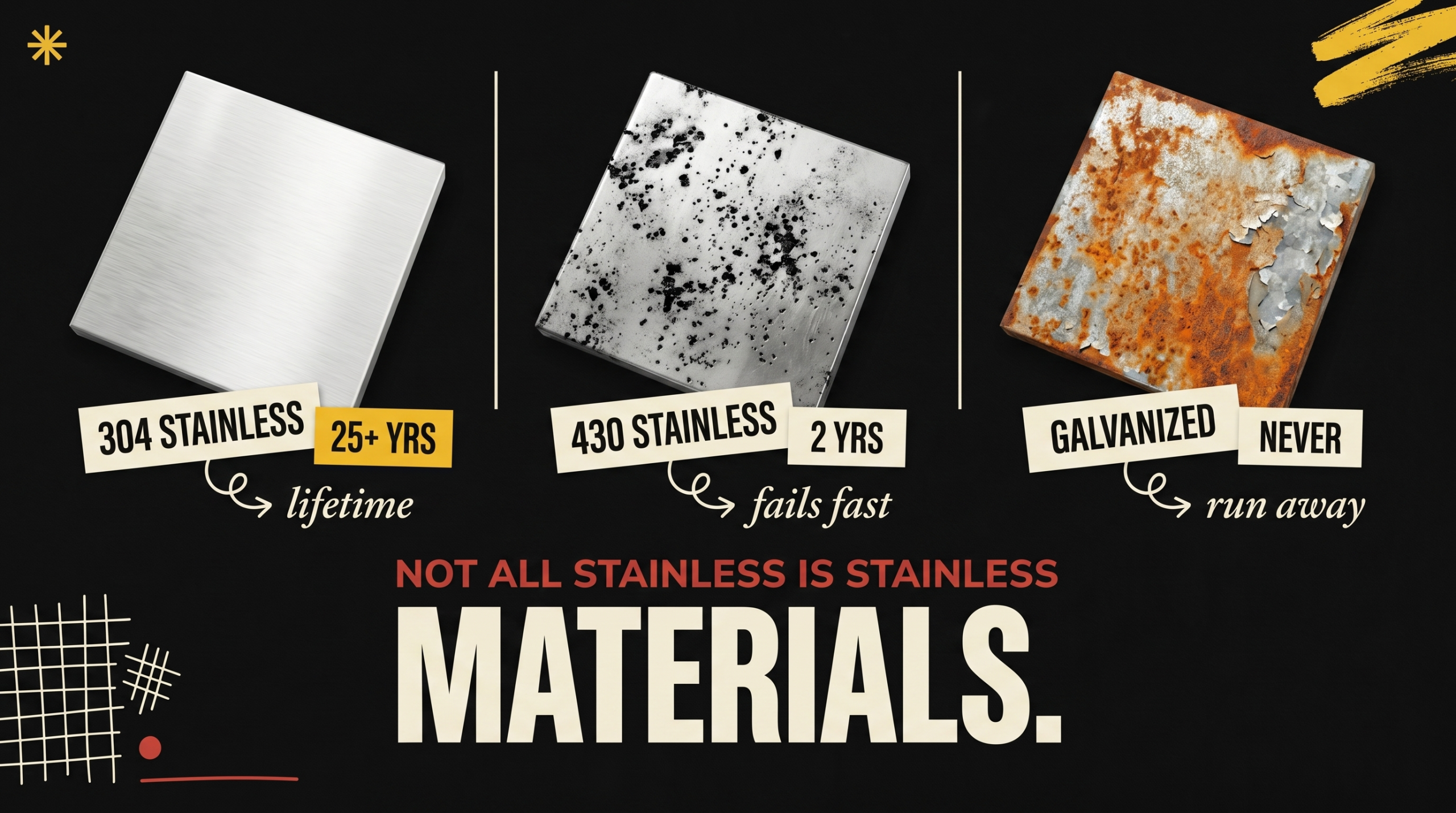 304 Stainless Steel 25+ years lifetime vs 430 Stainless 2 years vs Galvanized steel - Not All Stainless Is Stainless