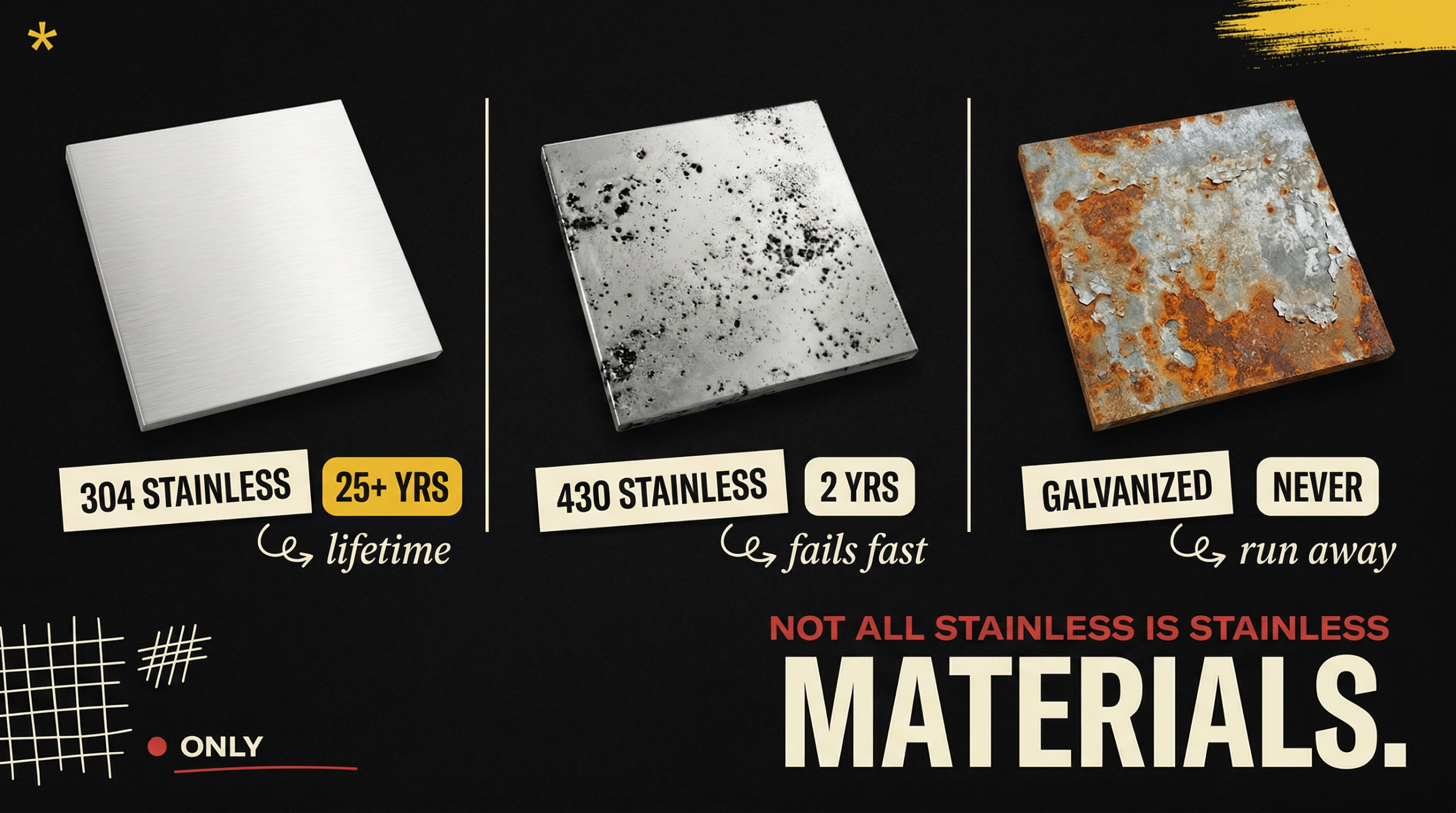304 Stainless Steel 25+ years lifetime vs 430 Stainless 2 years vs Galvanized steel - Not All Stainless Is Stainless