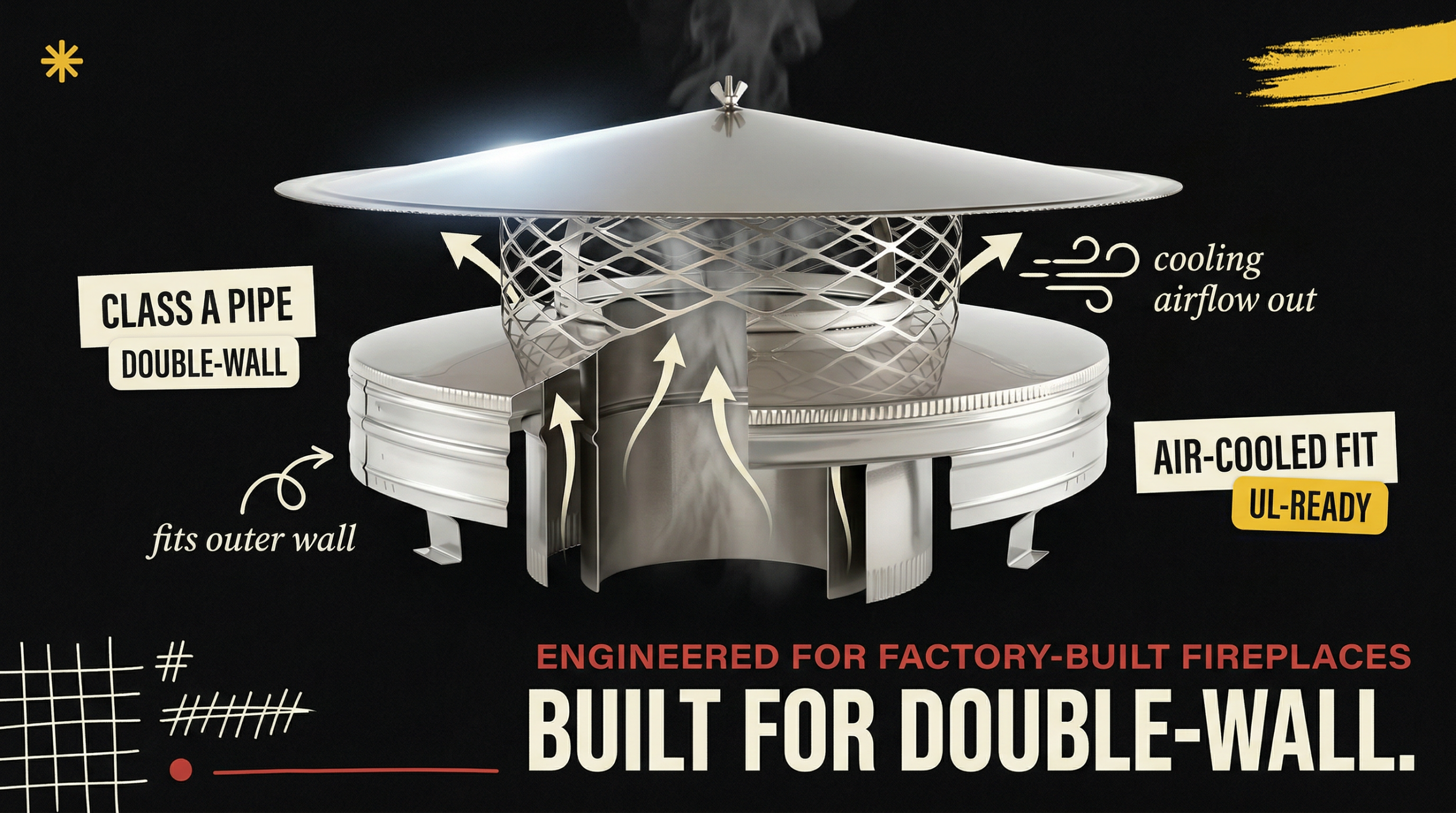 Chimcare Round Air-Cooled Cap on Class A double-wall pipe - Cooling airflow out, fits outer wall, air-cooled fit UL-ready - Built for Double-Wall