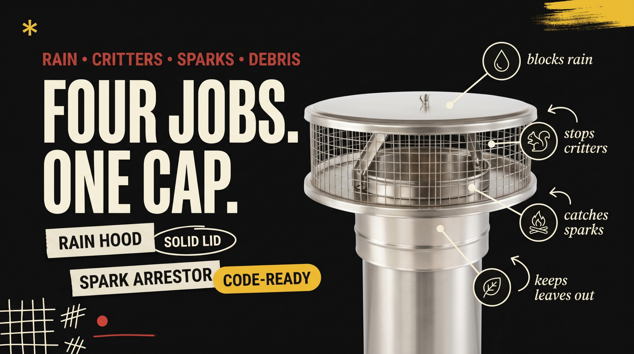 Chimcare Round Cap with rain hood, solid lid, spark arrestor, code-ready - Four Jobs One Cap - Blocks rain, stops critters, catches sparks, keeps leaves out