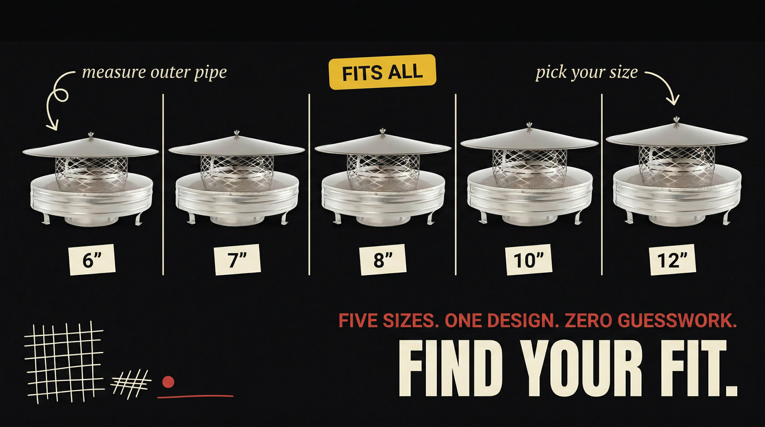 Seven sizes of Chimcare Round Air-Cooled Chimney Caps - 5 inch to 12 inch - Find Your Fit