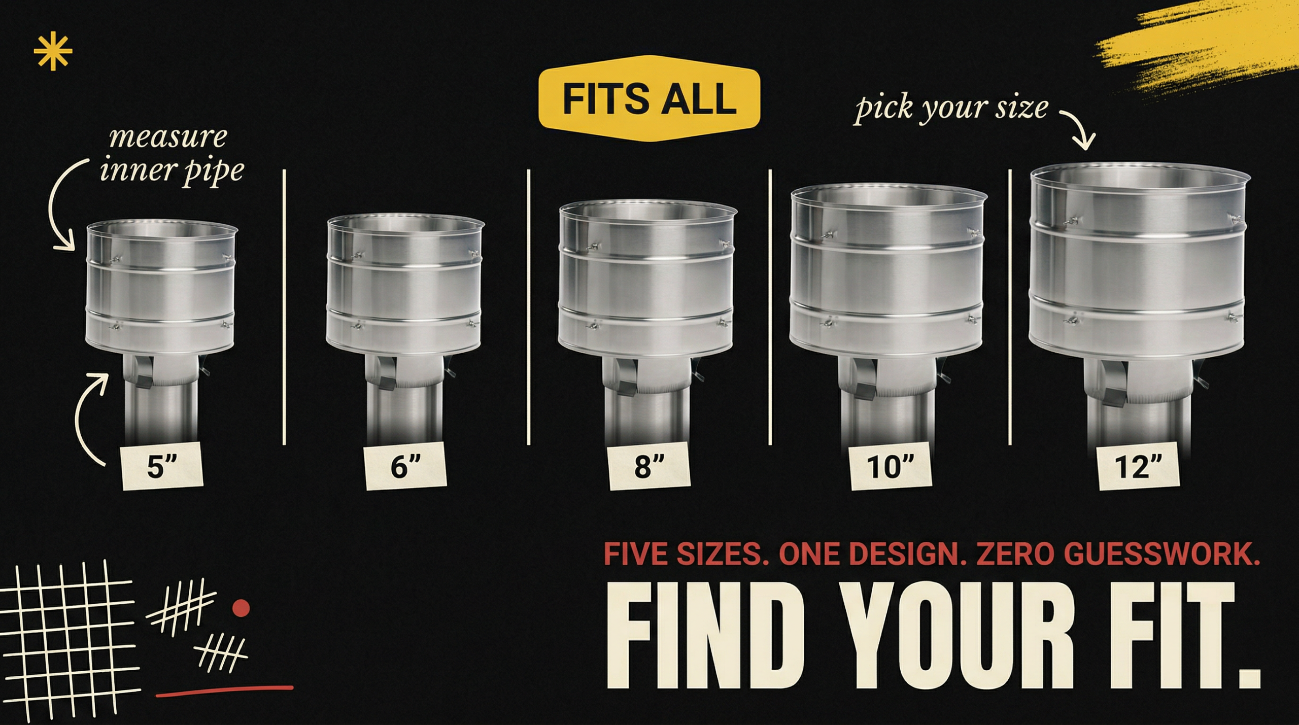 Five sizes of Chimcare High Wind Non-Air Cooled caps - 5 inch, 6 inch, 8 inch, 10 inch, 12 inch - Find Your Fit