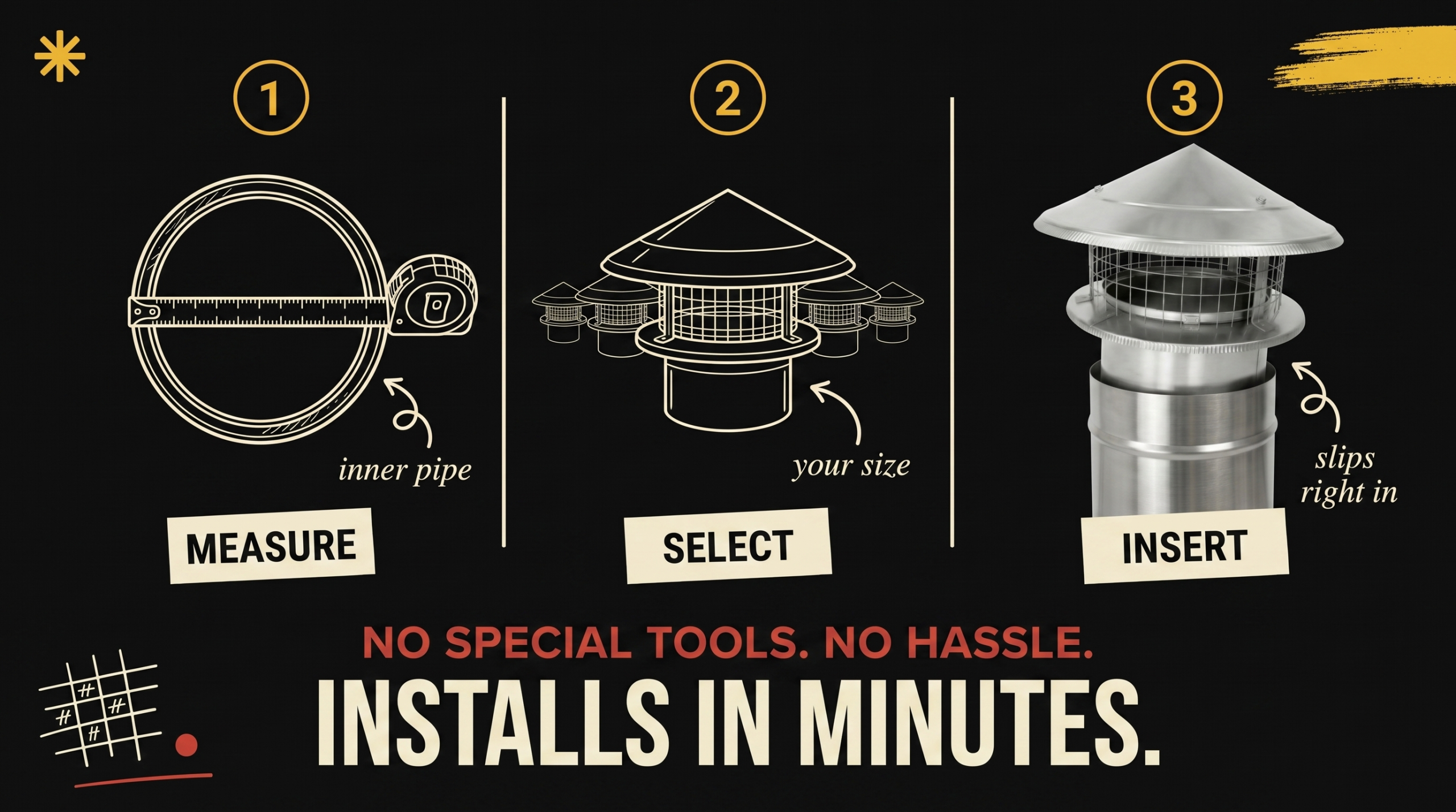 Three step installation - Measure inner pipe, Select your size, Insert cap - Installs in Minutes No Special Tools