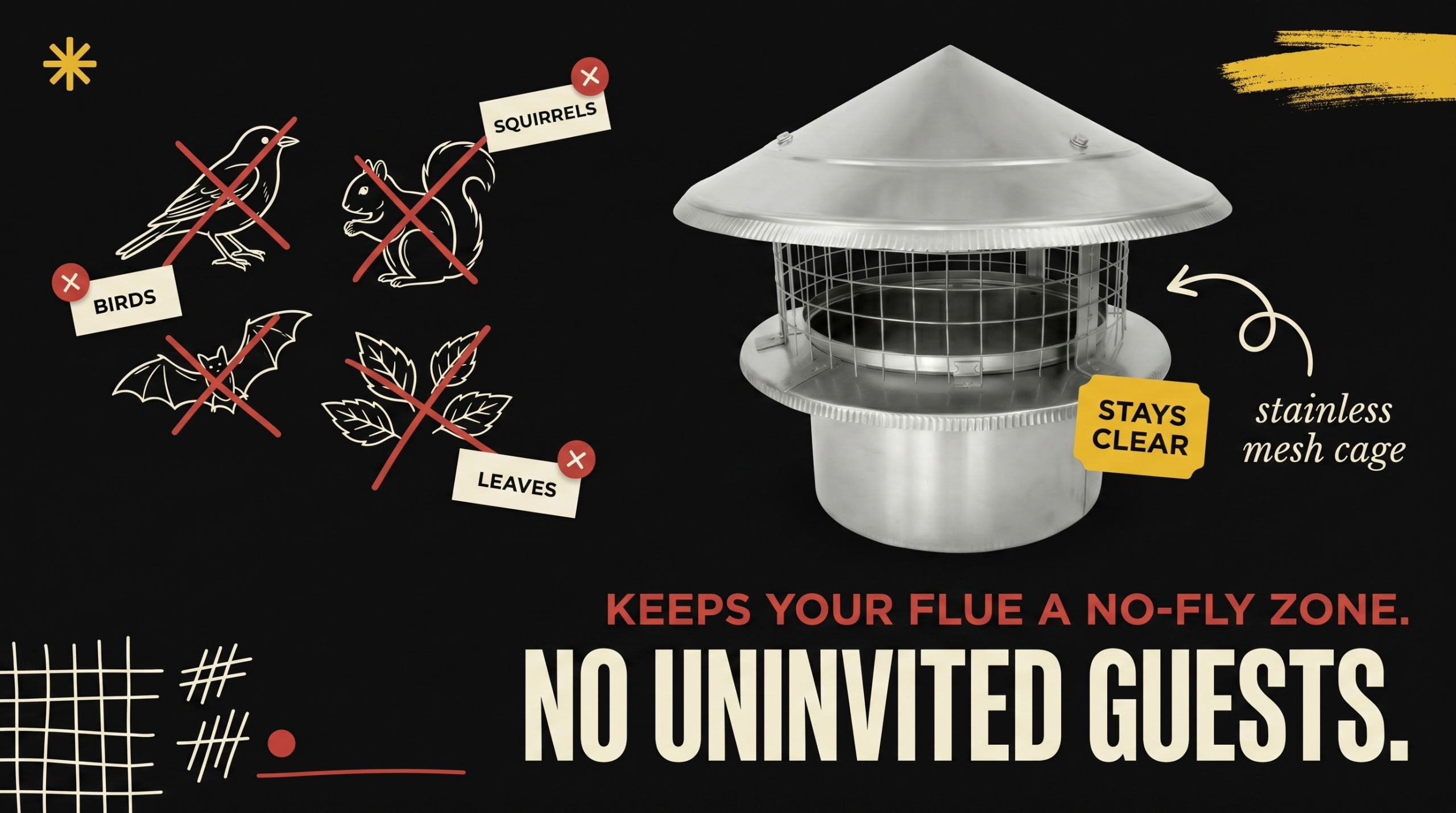Chimcare Round Rain Cap blocks birds, squirrels, bats, and leaves - Stainless mesh cage keeps your flue a no-fly zone - No Uninvited Guests