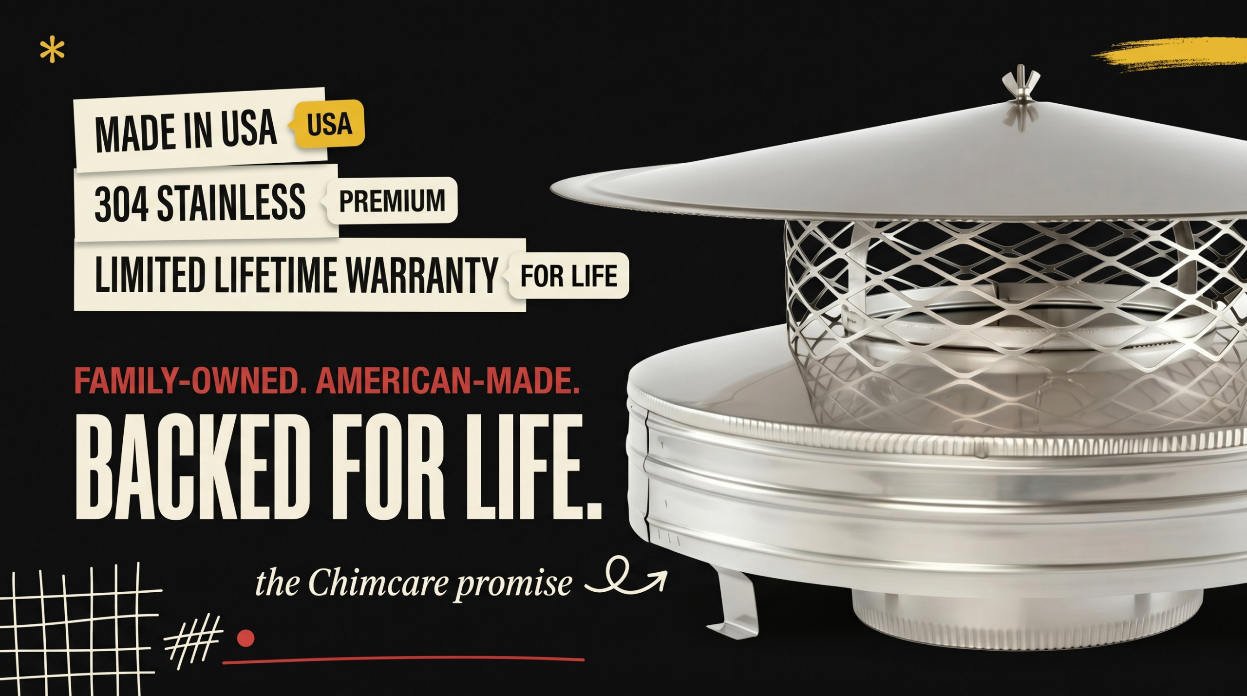Chimcare - Made in USA, 304 Stainless Premium, Limited Lifetime Promise - Family-Owned American-Made Backed for Life