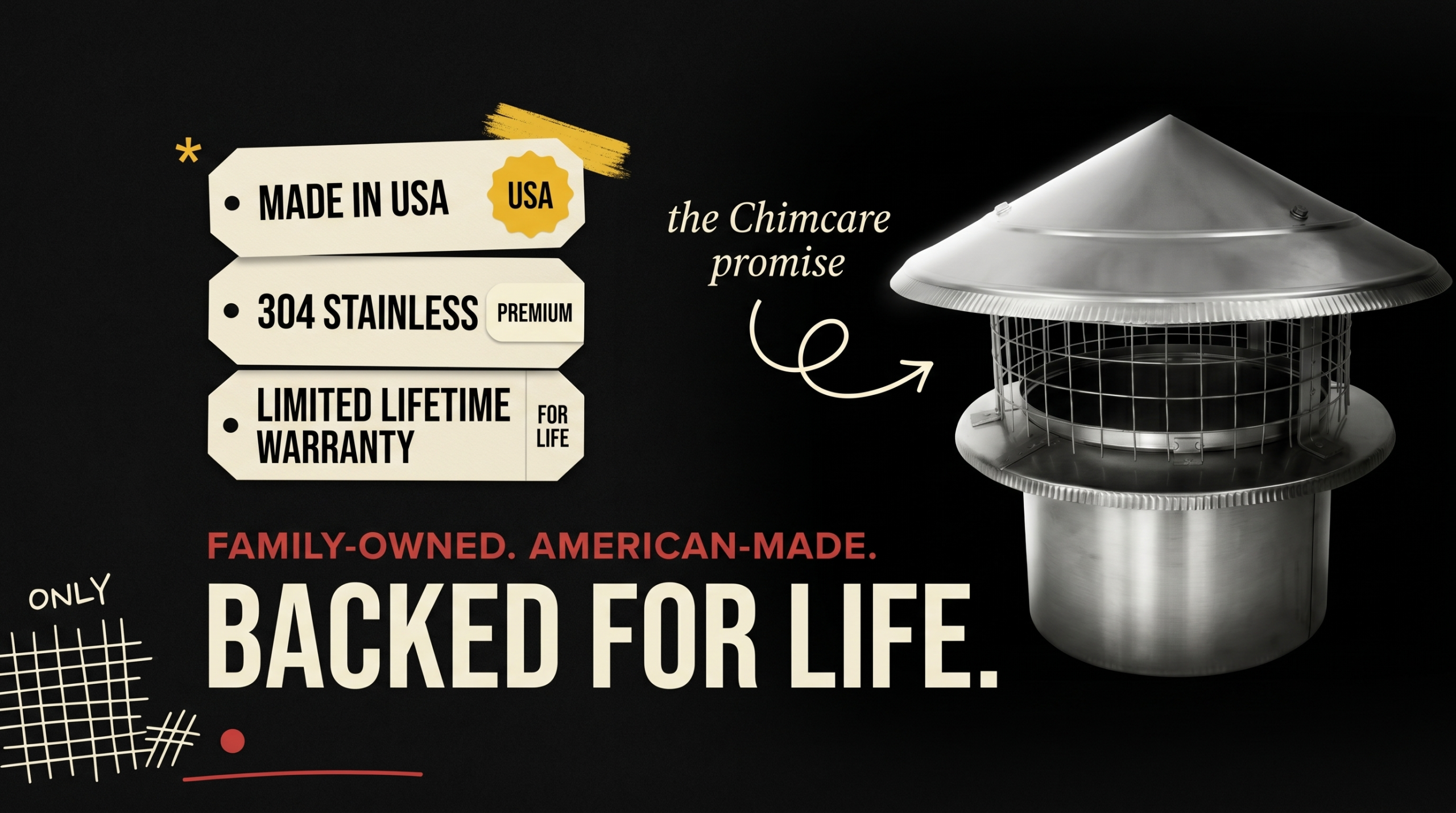 Chimcare - Made in USA, 304 Stainless Premium, Limited Lifetime Promise - Family-Owned American-Made Backed for Life