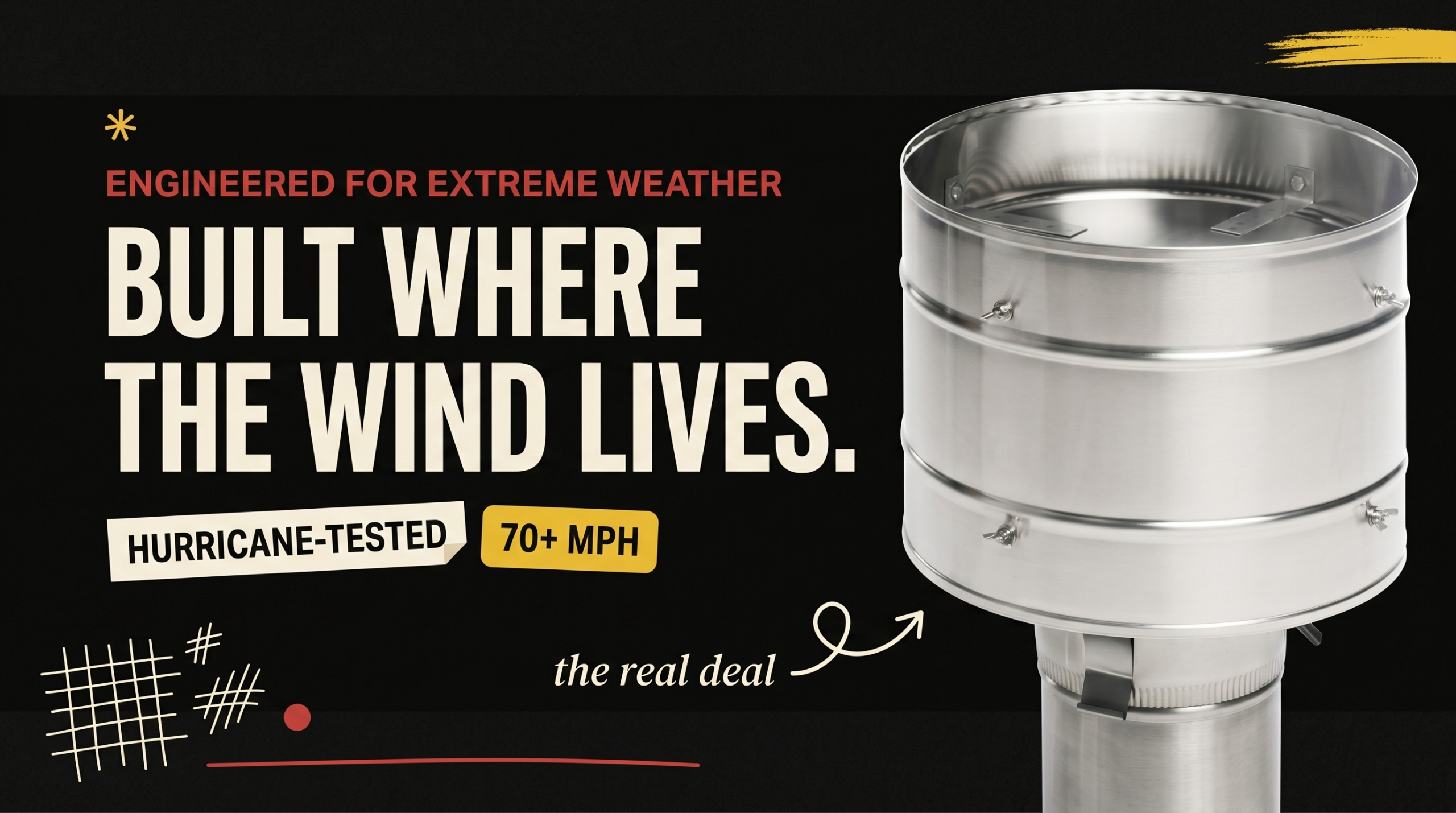 Chimcare High Wind stainless steel chimney cap, hurricane-tested to 70+ mph