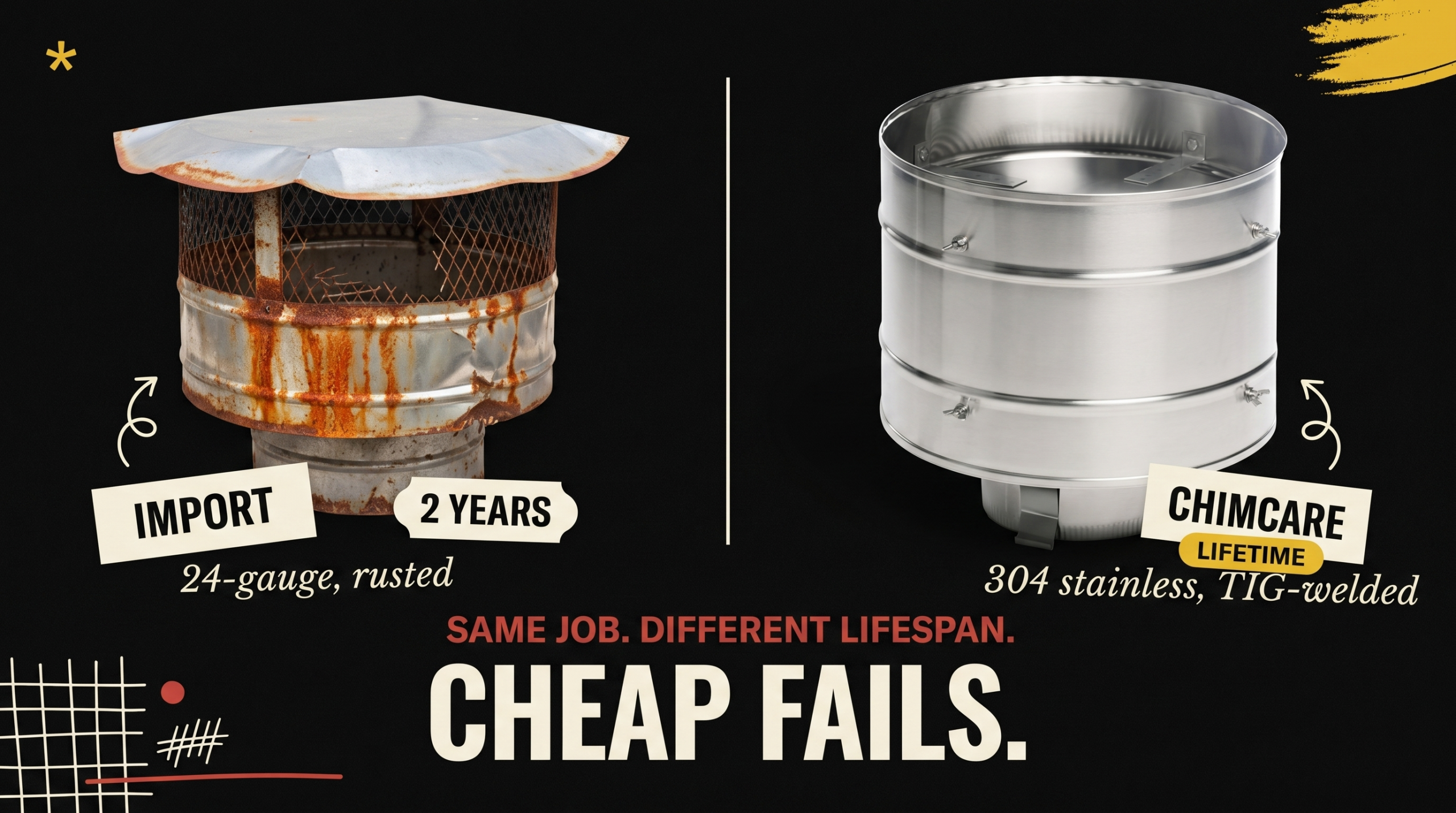 Rusted imported chimney cap versus new Chimcare stainless steel high wind cap