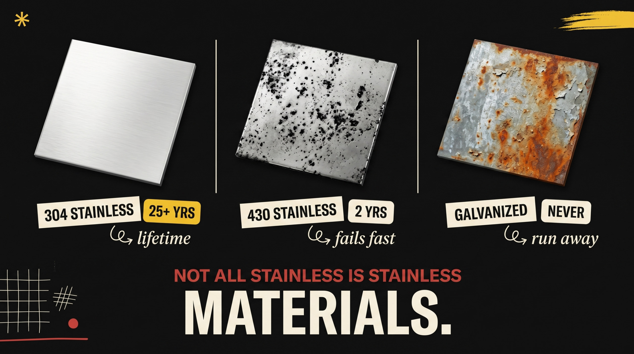 Comparison of 304 stainless, 430 stainless, and galvanized steel durability