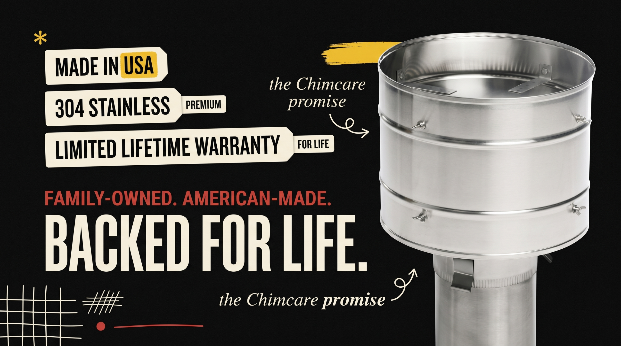 Chimcare promise: made in USA, 304 stainless steel, family-owned